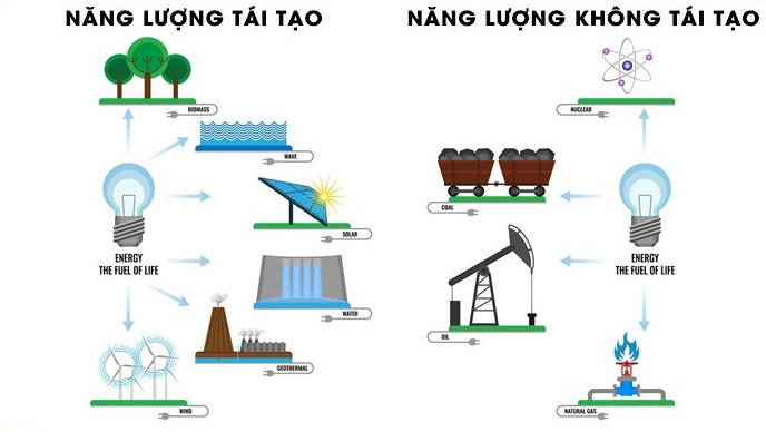 Năng lượng tái tạo và không tái tạo có nhiều điểm khác biệt về cấu tạo, lợi ích, hạn chế,...